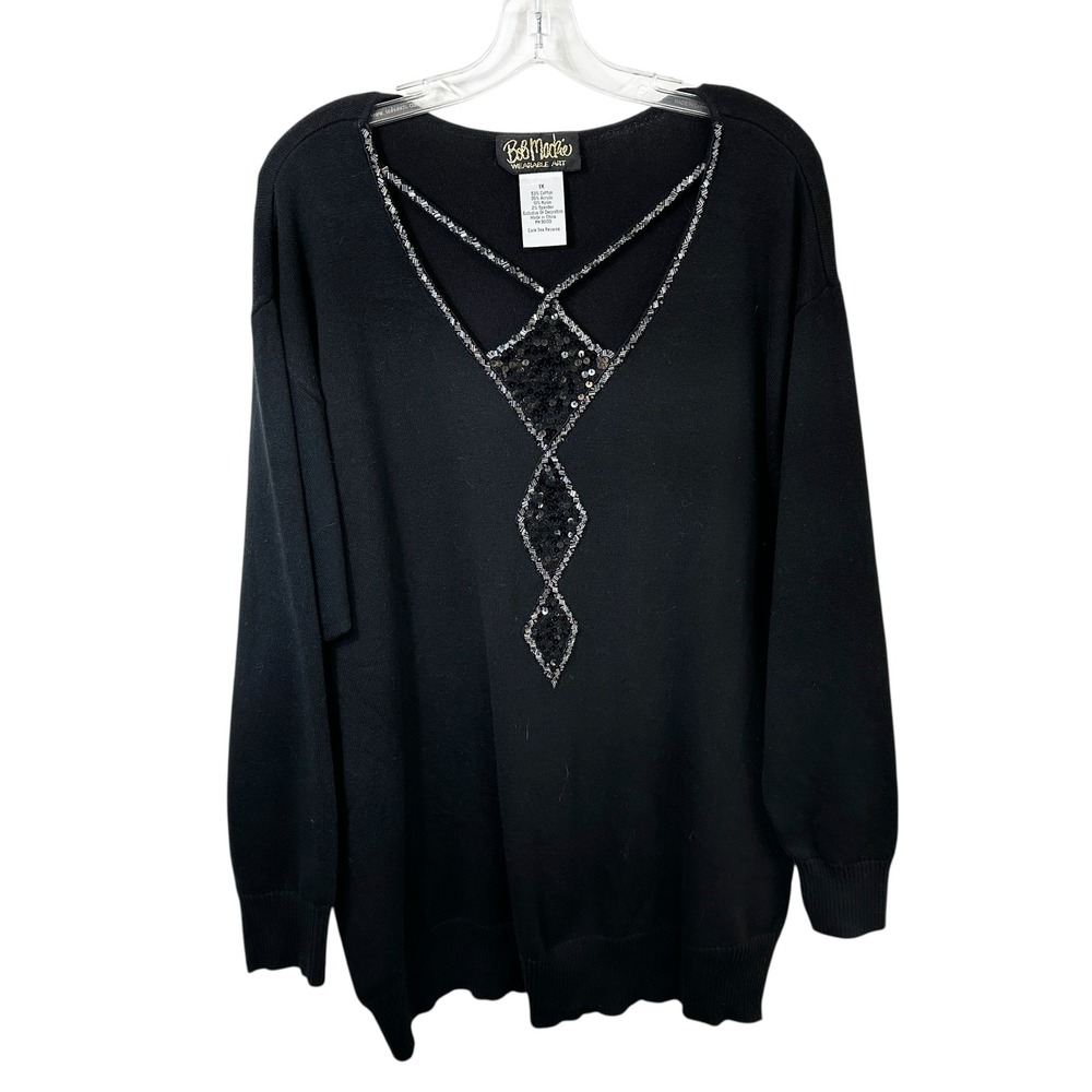 Bob Mackie Plus Size 1X Sweater Top Black Sequin Beaded Crisscross Witchy 1813